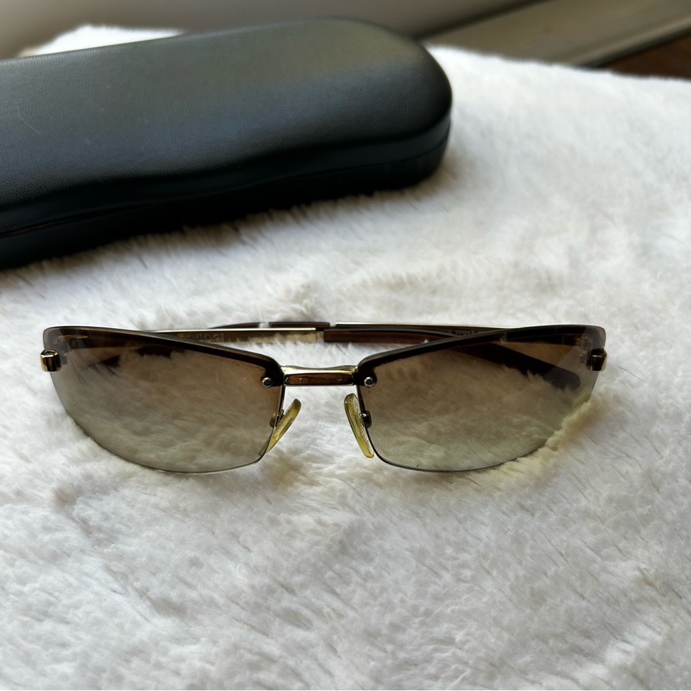 Gucci Italy GG1796S 3YGYT Rimless Sunglasses EUC Gold Frames Brown Lenses